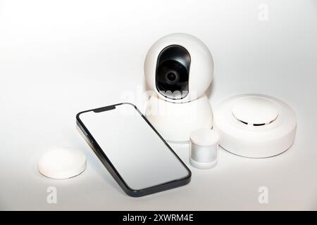 Smart phone blank screen remote control. Home monitoring security. Stock Photo