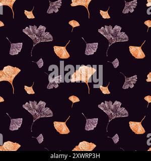 Copper and gold gingko leaf silhouettes watercolor illustration isolated on black background. Dried fall abstract fan leaves seamless pattern. Stock Photo