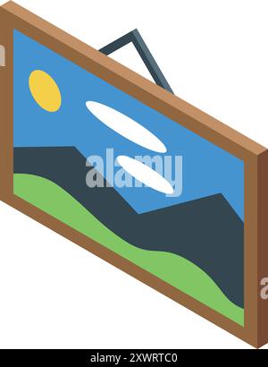 Isometric picture frame hanging on wall showing mountain landscape painting Stock Vector