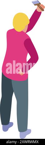 Painter is using a paint brush on a wall in this isometric view Stock Vector