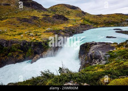 Aerial View to the Salto Grande waterfall on the Paine River in the Torres del Paine National Park, Patagonia, Chile Stock Photo