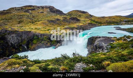 Aerial View to the Salto Grande waterfall on the Paine River in the Torres del Paine National Park, Patagonia, Chile Stock Photo