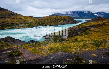 Aerial View to the Salto Grande waterfall on the Paine River in the Torres del Paine National Park, Patagonia, Chile Stock Photo