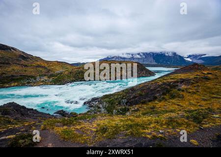 Aerial View to the Salto Grande waterfall on the Paine River in the Torres del Paine National Park, Patagonia, Chile Stock Photo