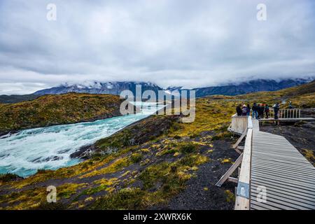 Aerial View to the Salto Grande waterfall on the Paine River in the Torres del Paine National Park, Patagonia, Chile Stock Photo