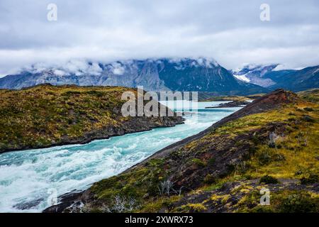 Aerial View to the Salto Grande waterfall on the Paine River in the Torres del Paine National Park, Patagonia, Chile Stock Photo