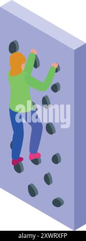 Young woman athlete is practicing rock climbing on an artificial rock wall Stock Vector