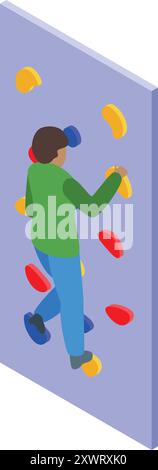 Young man is practicing indoor climbing on a colorful climbing wall Stock Vector