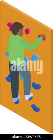 Young man is practicing sport climbing on an artificial climbing wall, gripping holds and ascending Stock Vector