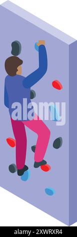 Young man is practicing climbing on an artificial wall, an isometric icon of an extreme sport Stock Vector