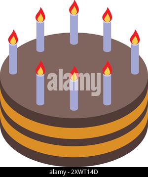Round layered chocolate birthday cake with nine burning candles is shown in this isometric icon Stock Vector