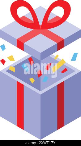 Open gift box with falling confetti exploding from inside in isometric view Stock Vector