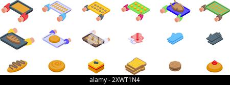 Hands hold oven tray icons set. Set of bakery icons with bakers holding baking trays with bread, pastry, cookies and cake in isometric view Stock Vector
