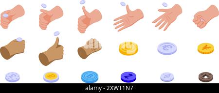 Hand flips coin icons set. This image showcases various hand gestures interacting with diverse global currencies, symbolizing financial decisions and transactions Stock Vector