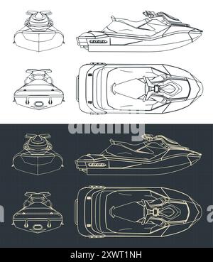 Stylized vector illustrations of technical drawings of a jet ski Stock Vector