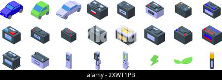 Electricity car accumulator icons set. Car battery accumulator power charging icons set, isometric style Stock Vector