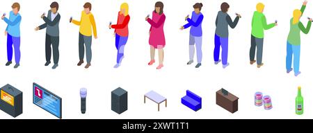 People karaoke icons set. This colorful isometric set features people singing karaoke and various karaoke bar furniture and devices Stock Vector