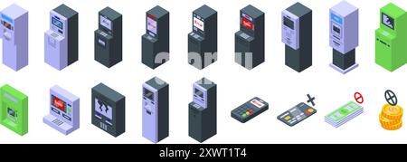 Broken ATM icons set. This is a set of different modern atm money machines with touch screen displays, remote controls, and cash withdrawal errors Stock Vector