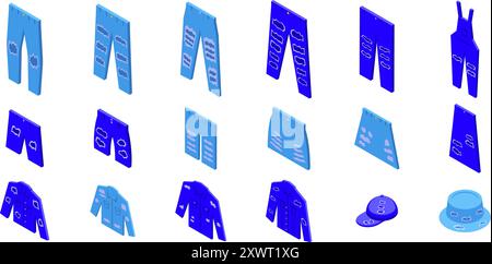 Ripped denim clothes icons set. Set of ripped denim clothes icons showing different clothing items in 3d isometric view Stock Vector