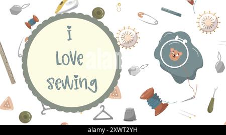Vector illustration for sewing workshops, banners of weaving factories, tailors. Illustration with needles, threads, buttons, hoops and other sewing Stock Vector