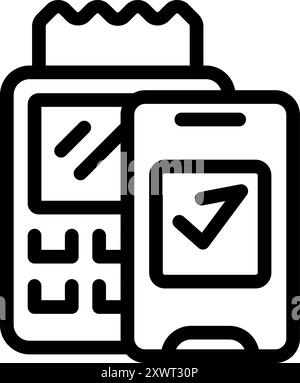 Line art vector icon of a smartphone making a mobile payment on a pos terminal with a check mark icon Stock Vector