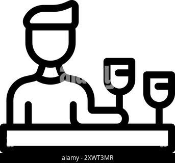 Line art icon of a bartender preparing two cocktails behind a bar counter Stock Vector