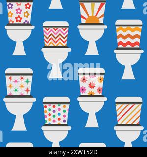 Retro Decorative toilet back seat patterned with flowers and geometric shapes seamless pattern on blue background. For Bathroom wallpaper, backgrounds Stock Vector