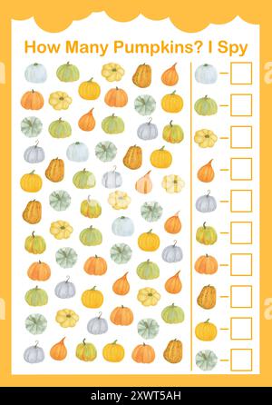 Autumn I spy, How many pumpkins counting educational game for kids with vegetables, watercolor illustration, educational puzzle, printable worksheet f Stock Photo