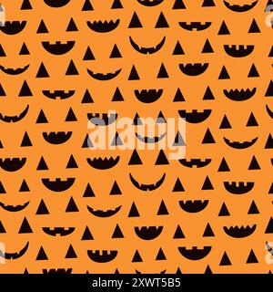 Jack o Lantern Halloween Scary Faces seamless pattern on orange background. For Halloween background, fabric and textile Stock Vector