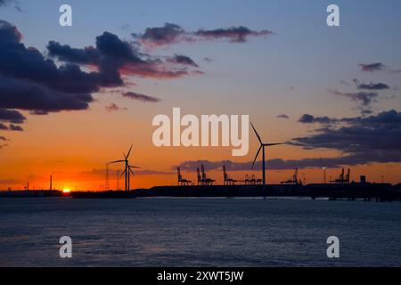 A sunset on the River Thames near Gravesend in Kent silhouettes the docks and cranes of the Port of Tilbury. Stock Photo