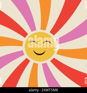 Cute Smiling sun on retro swirl sunburst vector illustration. For Nursery posters, invitations and wall decal Stock Vector