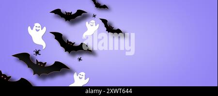 Halloween decorations with black spider, bat and white ghost on purple background. Halloween party concept Stock Photo