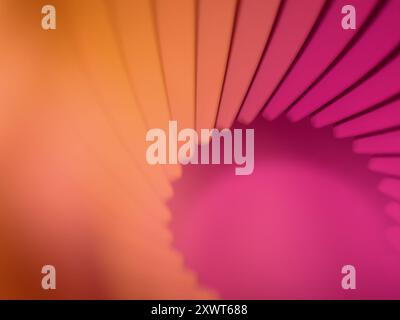 Circular array of colorful geometric shapes. Color gradient, orange to mauve. Digital 3D rendering. Stock Photo
