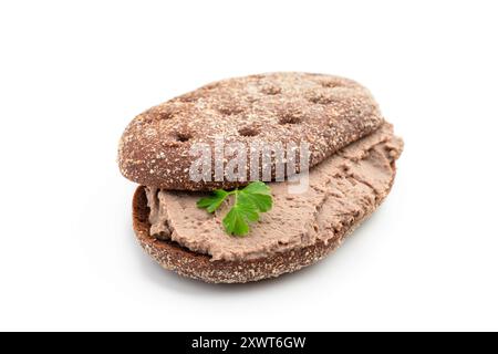 Liver  meat pate spread on rye bread isolated on white Stock Photo
