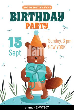 Childrens birthday invitation with a cute beaver in a festive hat holding a blue gifton a white background. Vector Stock Vector