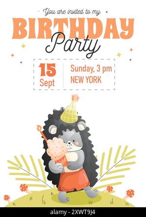 Childrens birthday invitation with a cute hedgehog carrying a festive cake on a white background. Vector Stock Vector