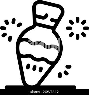 Line art icon of a magic potion bottle, with liquid inside, standing and sparkling Stock Vector