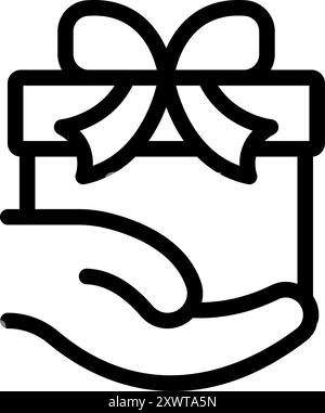 Line icon of a hand holding a gift box with a ribbon, representing the act of giving a present Stock Vector