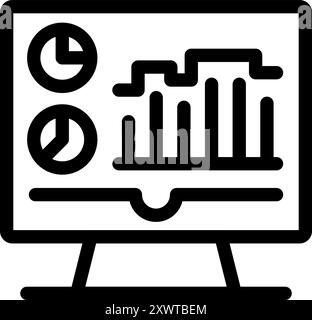 Line icon showing a computer monitor displaying various charts and graphs, representing business analytics and data visualization Stock Vector