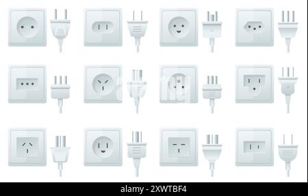 Socket and plug types. Different electrical connectors and power holes. Electricity 3D equipment. European and American standards. Cable adaptors Stock Vector