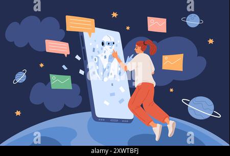 Smartphone using. Girl communicates with artificial intelligence via mobile phone. Robot assistant. Global connection. Virtual AI assistance Stock Vector