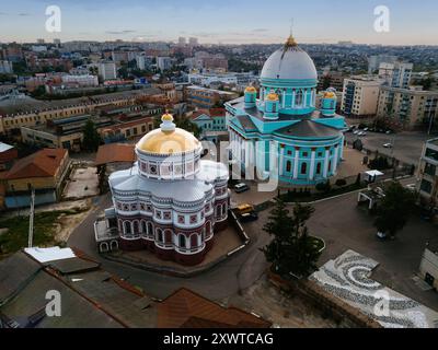 Evening summer Kursk, Znamensky Cathedral and Resurrection church, aerial drone view. Stock Photo