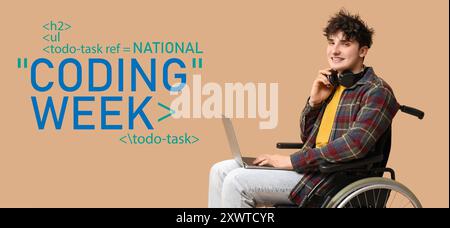 Male programmer with physical disability on beige background. Banner for National Coding Week Stock Photo