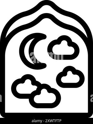 Line icon depicting a night sky with clouds and a crescent moon, framed by a window Stock Vector