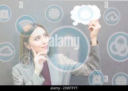 businesswoman holding speech bubble. business people icon and creativity idea Stock Photo
