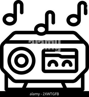 Line art illustration of a boombox playing music with musical notes surrounding it Stock Vector