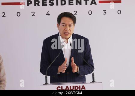 Mexico City, Mexico. 20th Aug, 2024. Mario Delgado speaking during a briefing conference after Claudia Sheinbam Pardo announced that he is the representative of the election process of the new president of Morena, prior to the change of sexennium. on August 20, 2024 in Mexico City, Mexico. (Photo by Ian Robles/ Credit: Eyepix Group/Alamy Live News Stock Photo