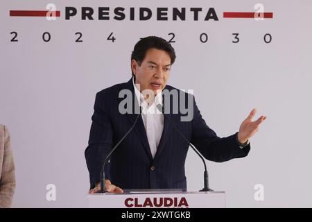 Mexico City, Mexico. 20th Aug, 2024. Mario Delgado speaking during a briefing conference after Claudia Sheinbam Pardo announced that he is the representative of the election process of the new president of Morena, prior to the change of sexennium. on August 20, 2024 in Mexico City, Mexico. (Photo by Ian Robles/ Credit: Eyepix Group/Alamy Live News Stock Photo