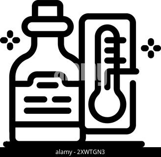 Line art icon of a thermometer measuring the temperature of a bottle of syrup medicine Stock Vector