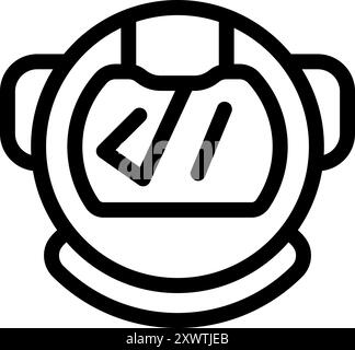 Simple line drawing of an astronaut helmet with programming brackets reflecting in the visor Stock Vector